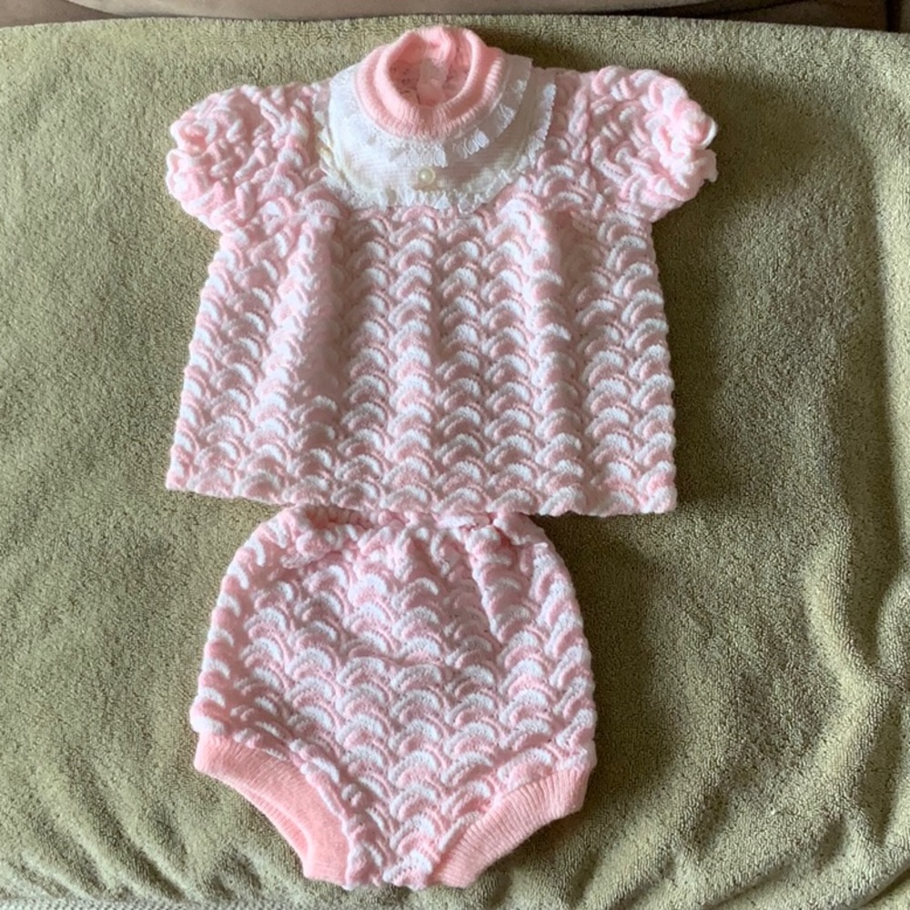 Vintage Baby Knit Dress and Bottoms Set